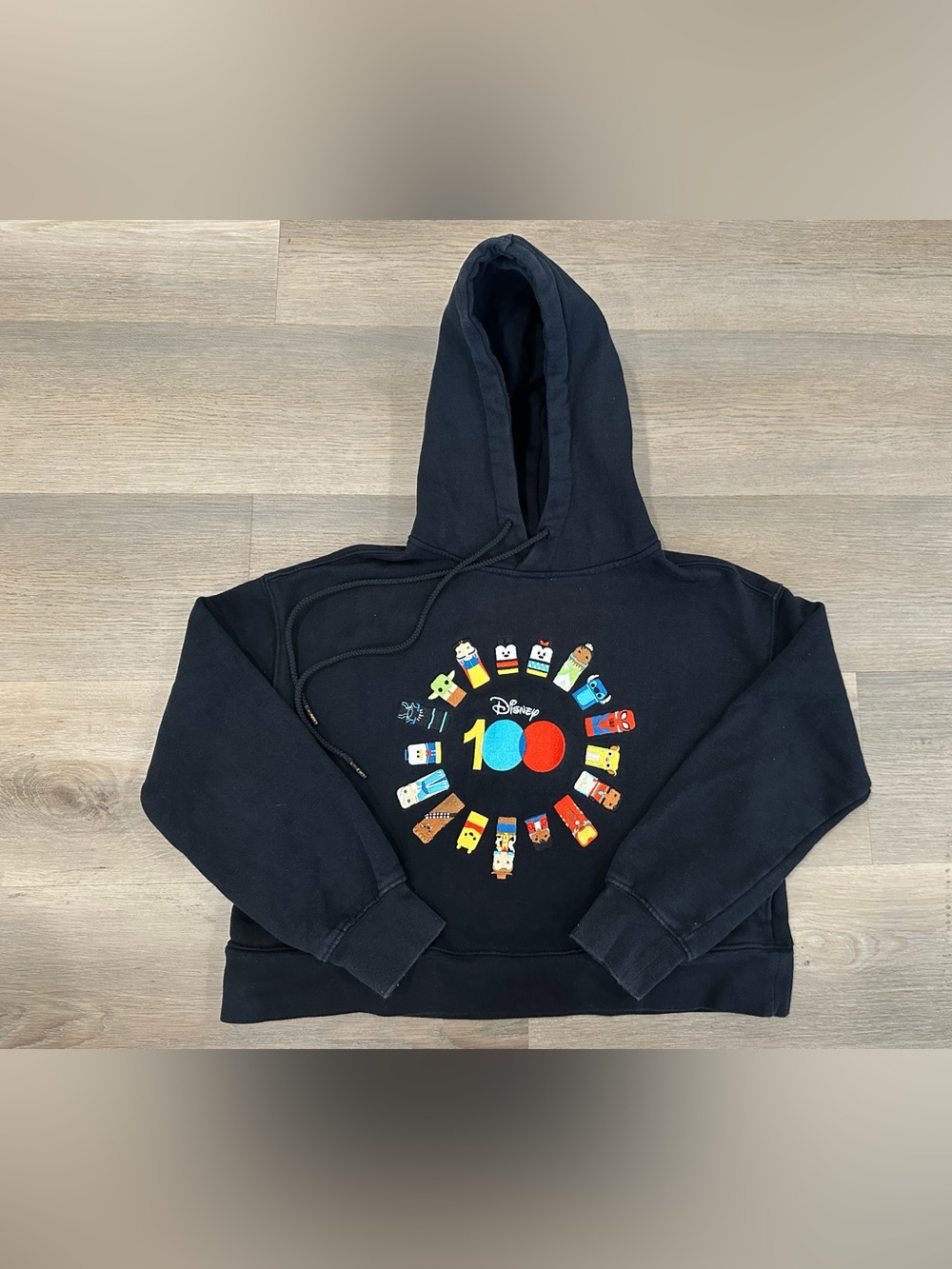 Cropped Disney Black Hoodie with Disney 100 Tag and Character Embroidery